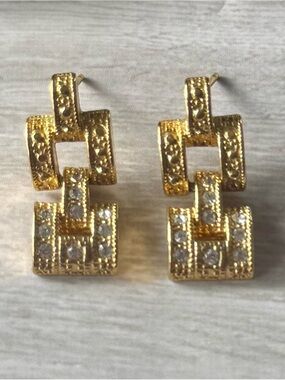 Gold-Tone Geometric Drop Earrings with Crystal Accents